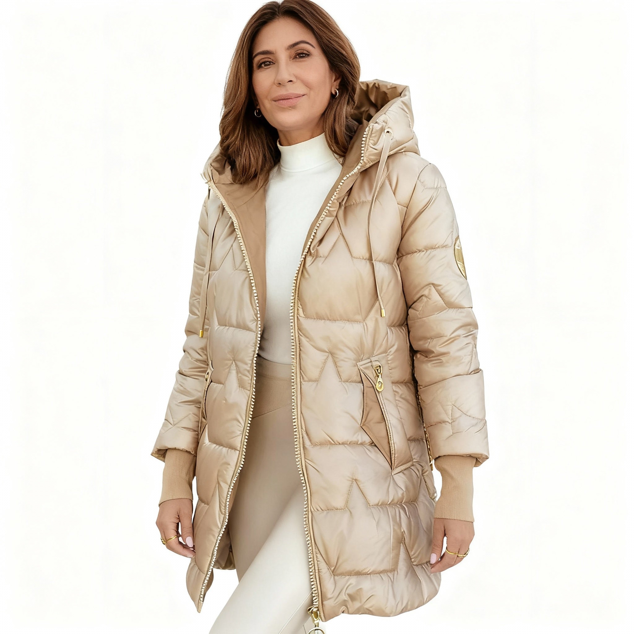 LINA | Abrigo acolchado largo y cálido con capucha amplia