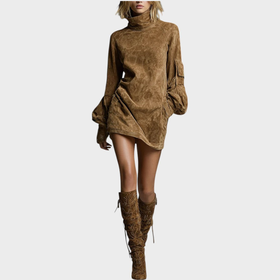 Mimi | Vestido Corto de Ante con Cuello Alto